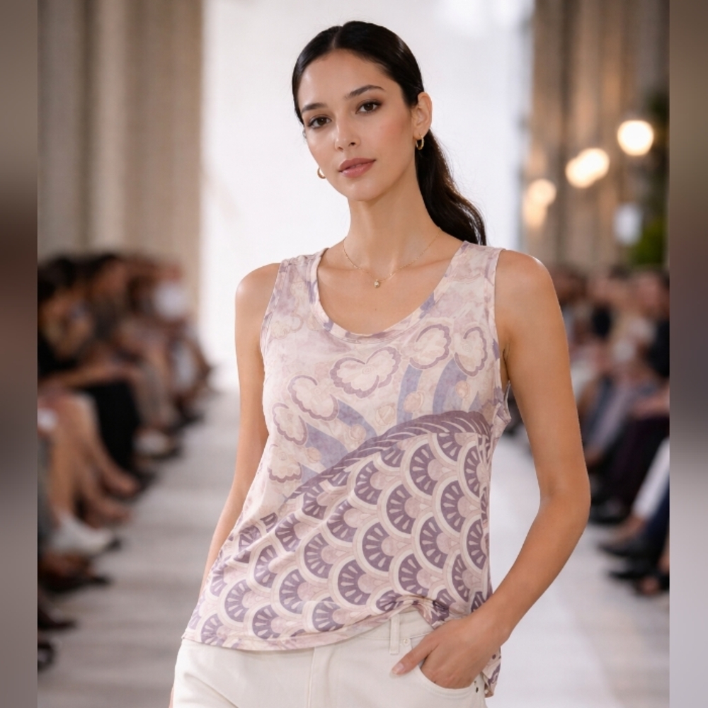 Vintage Leonard Paris Fish Pastel Patterned Tank Top. 100% Silk Jersey.